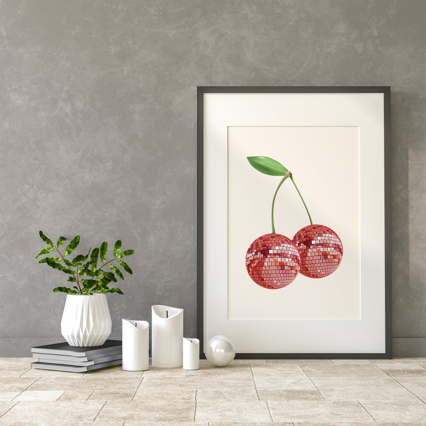 cherry disco ball print red cherries mockup dark frame