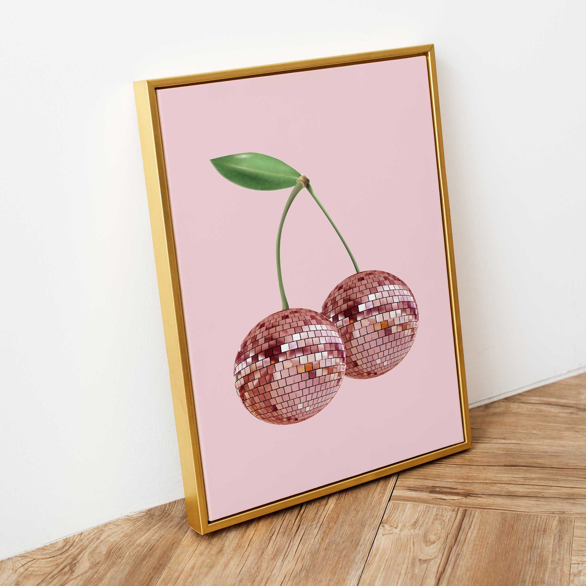 cherry disco ball print red cherries mockup gold frame wooden floor