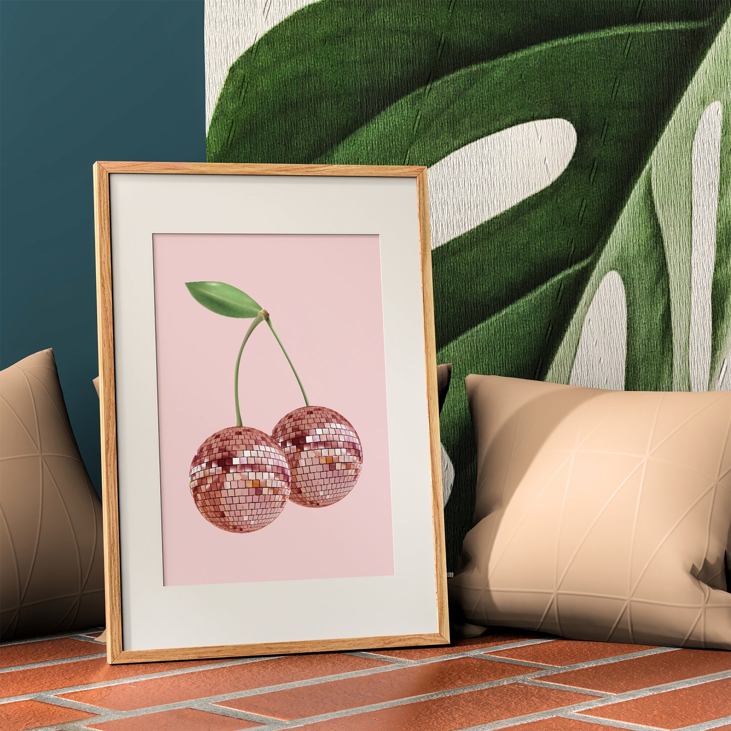 cherry disco ball print red cherries mockup light wooden frame trendy living room