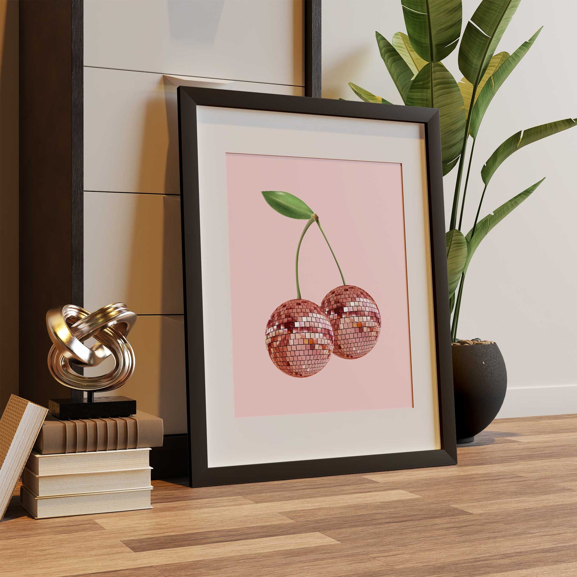 cherry disco ball print red cherries mockup dark wooden frame trendy lounge