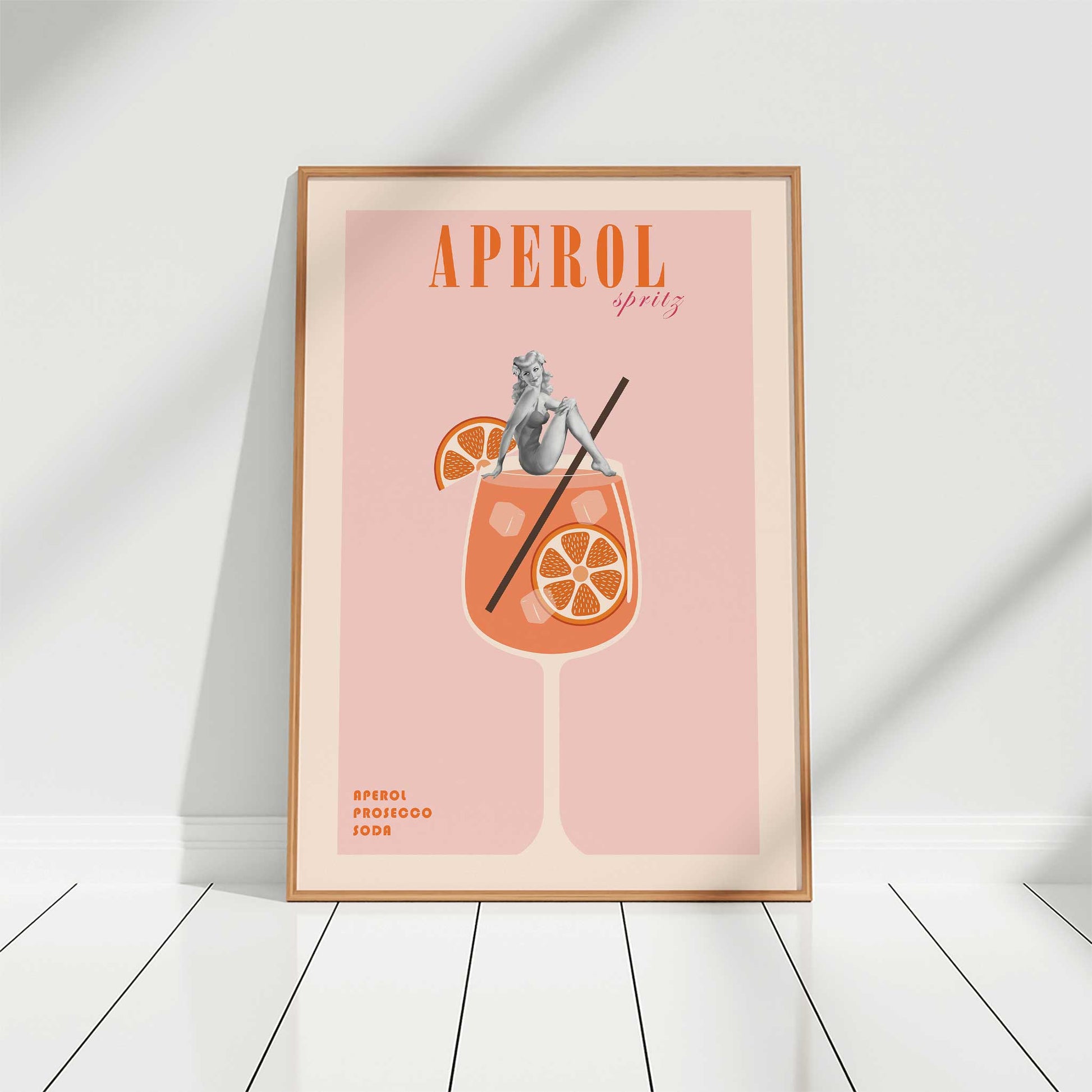 cocktail print pinup girl and aperol spritz mockup wooden frame floor