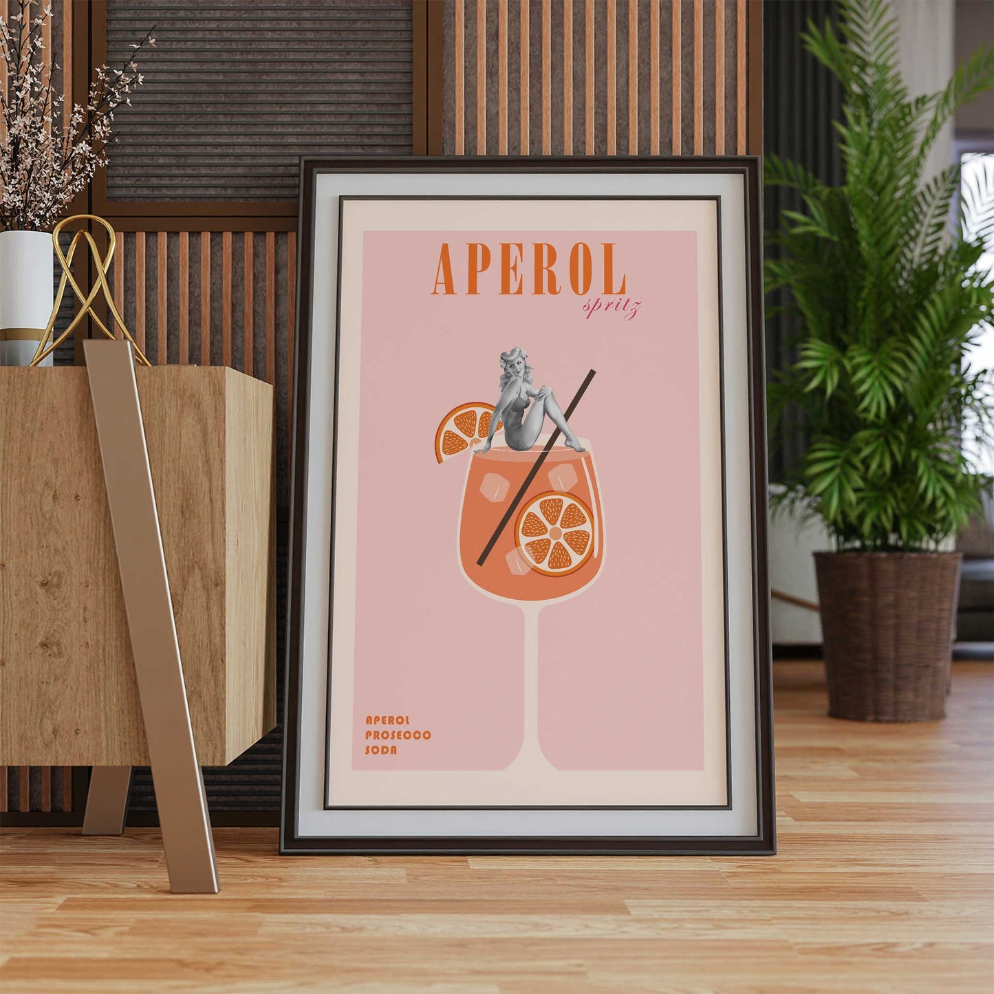 cocktail print pinup girl and aperol spritz mockup black frame trendy lounge