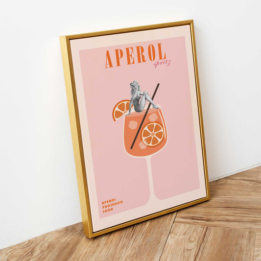 cocktail print pinup girl and aperol spritz mockup gold frame floor