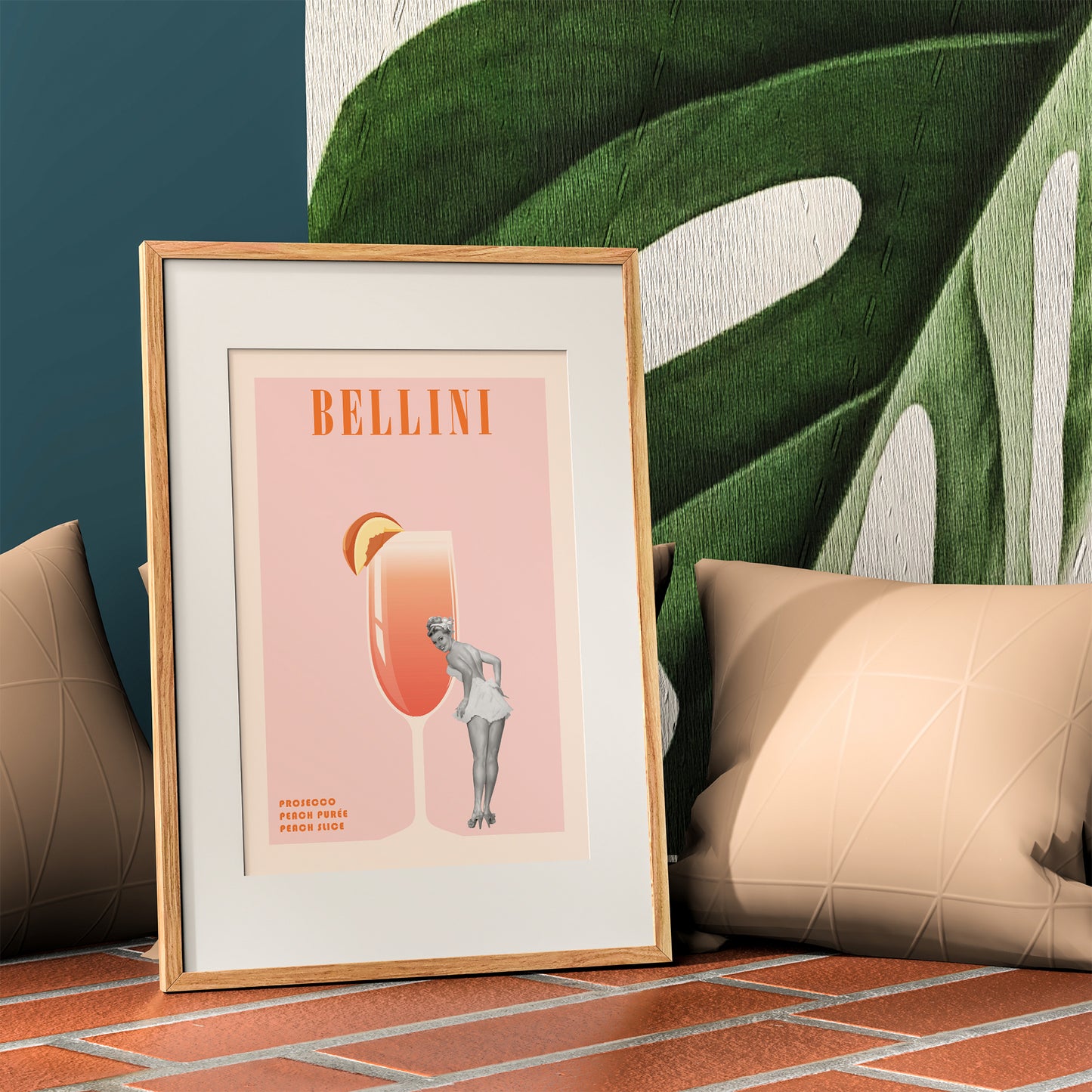 cocktail print bellini retro pinup girl mockup wooden frame groovy lounge