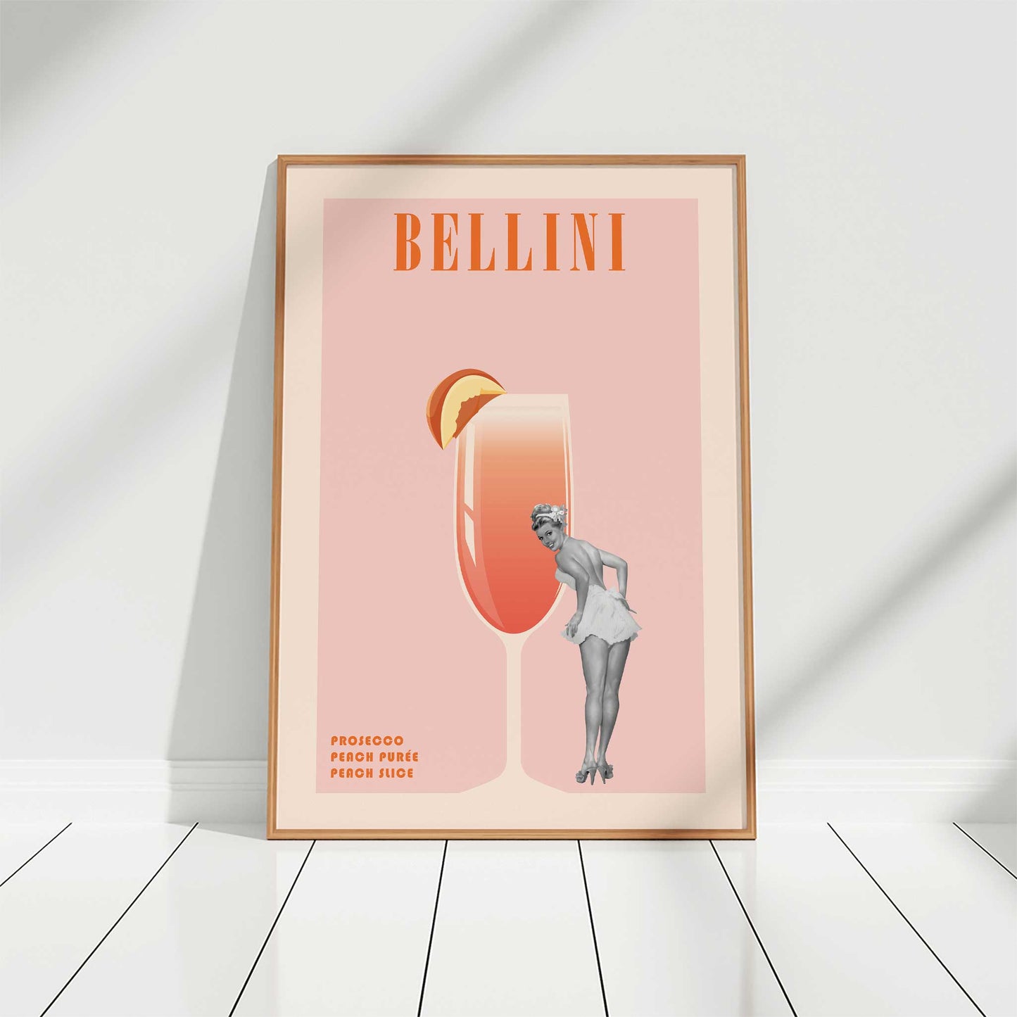 cocktail print bellini retro pinup girl mockup wooden frame  floor white background