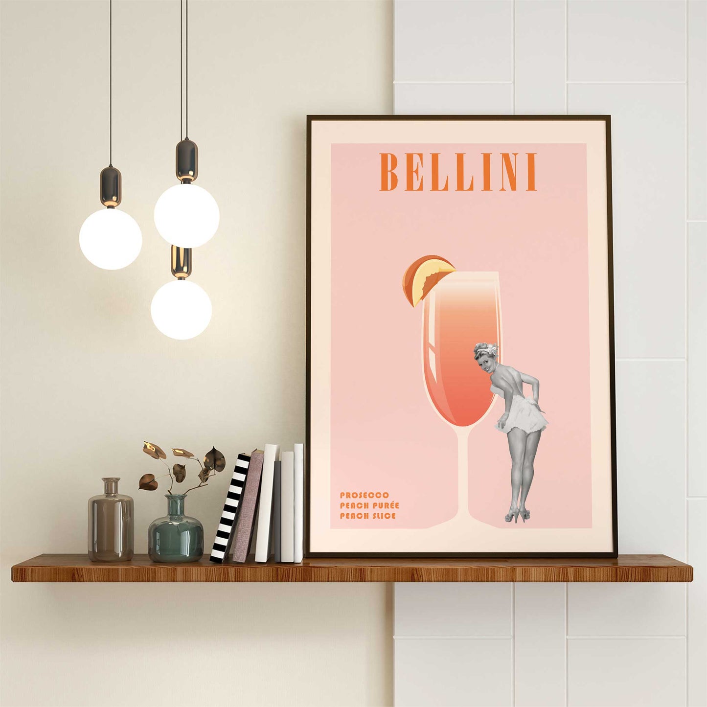 cocktail print bellini retro pinup girl mockup dark frame shelf kitchen