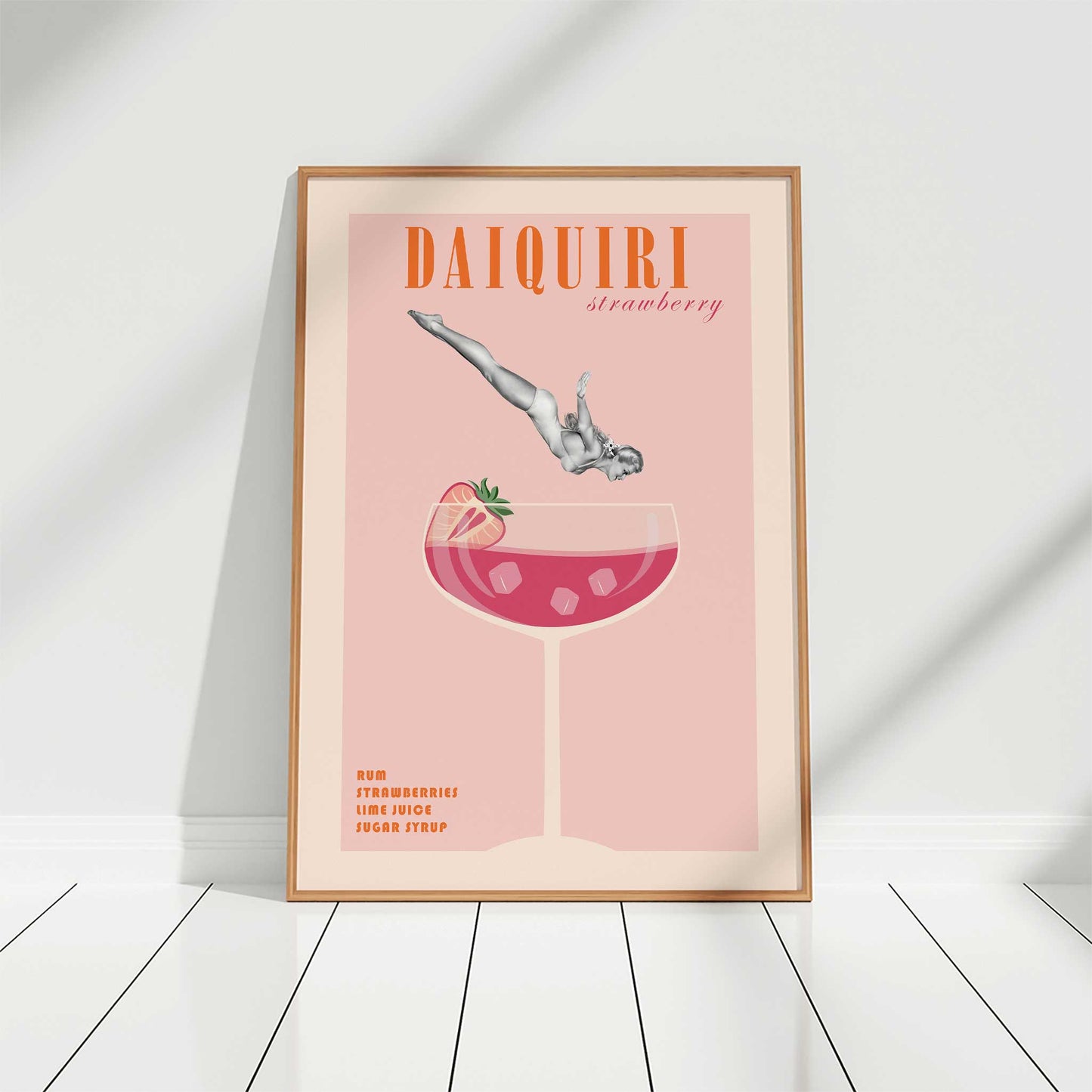 cocktail print daiquiri retro pinup girl mockup wooden frame floor