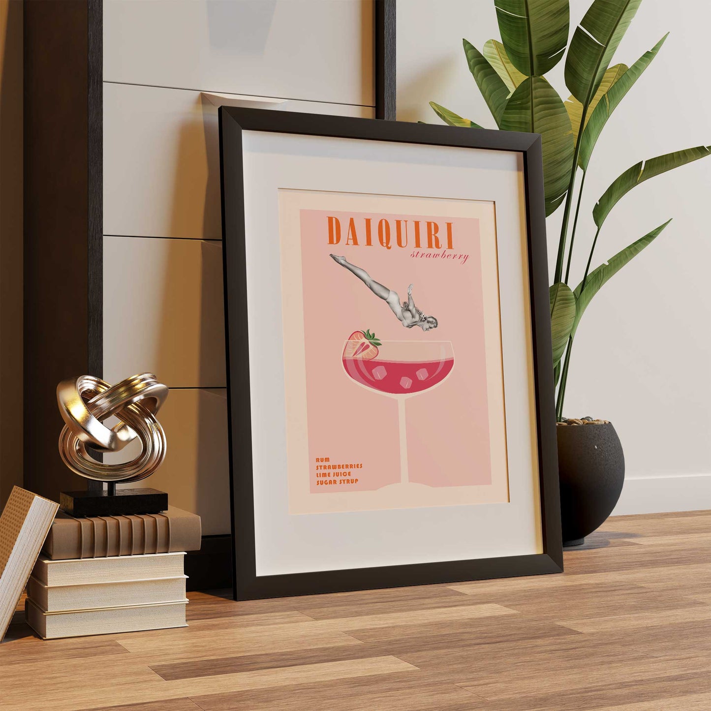 cocktail print daiquiri retro pinup girl mockup dark frame floor lounge