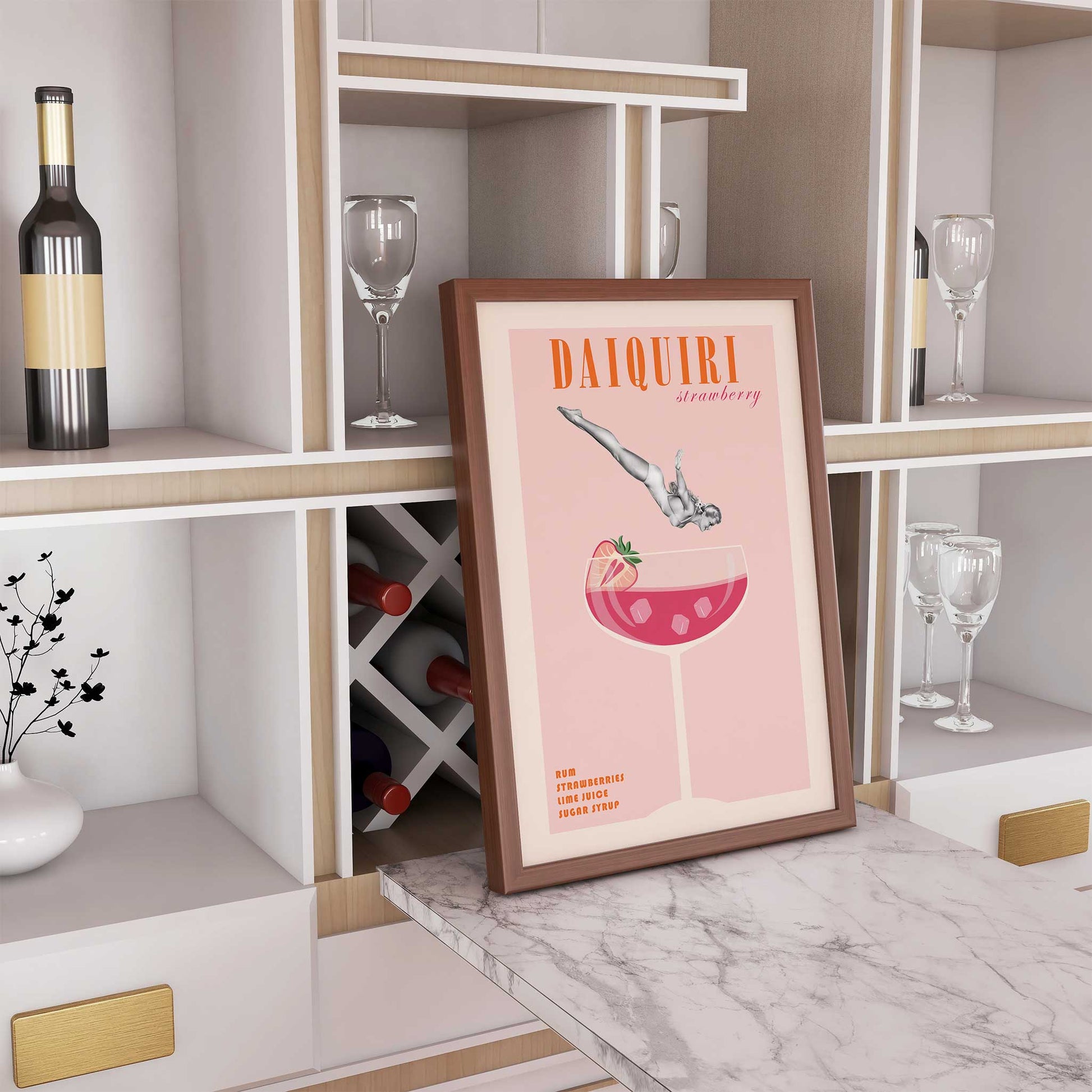 cocktail print daiquiri retro pinup girl mockup wooden frame home bar