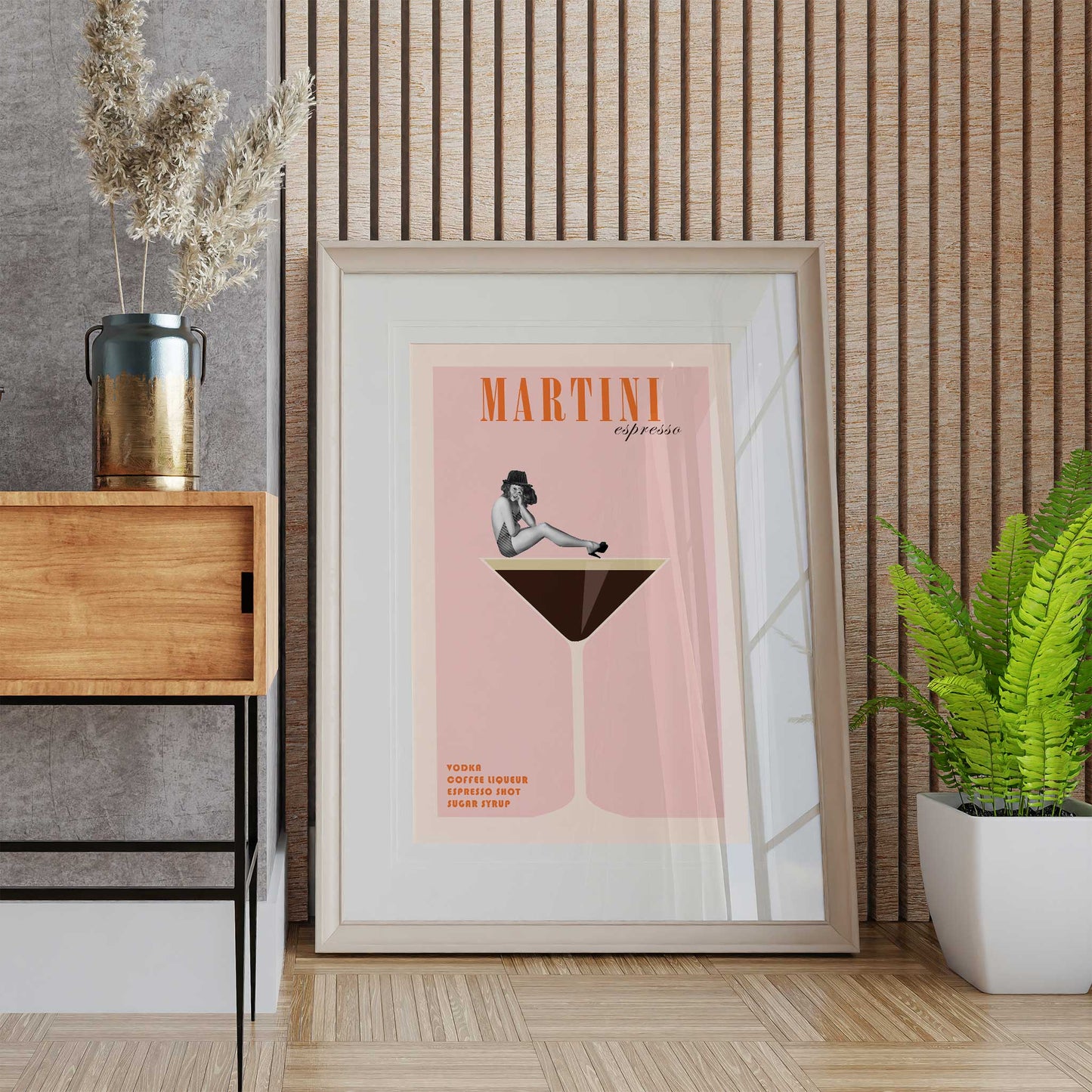 cocktail print expresso martini pinup girl mockup light wooden frame trendy lounge