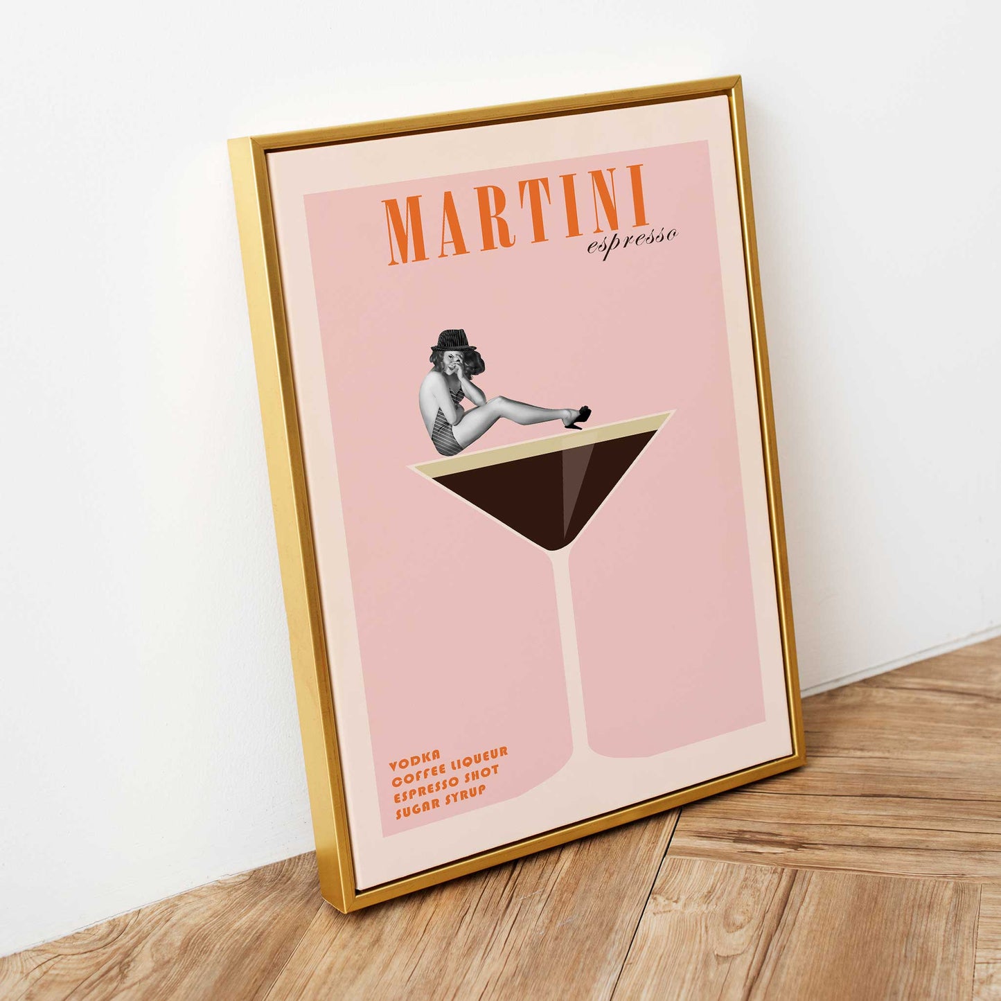 cocktail print expresso martini pinup girl mockup light gold frame floor