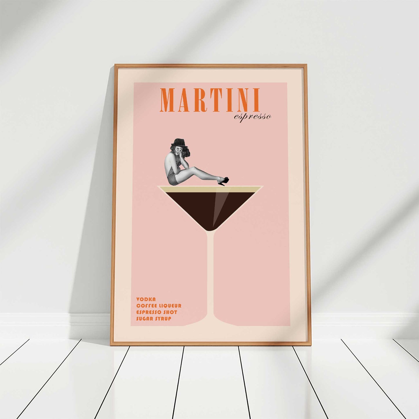 cocktail print expresso martini pinup girl mockup light wooden frame floor white background