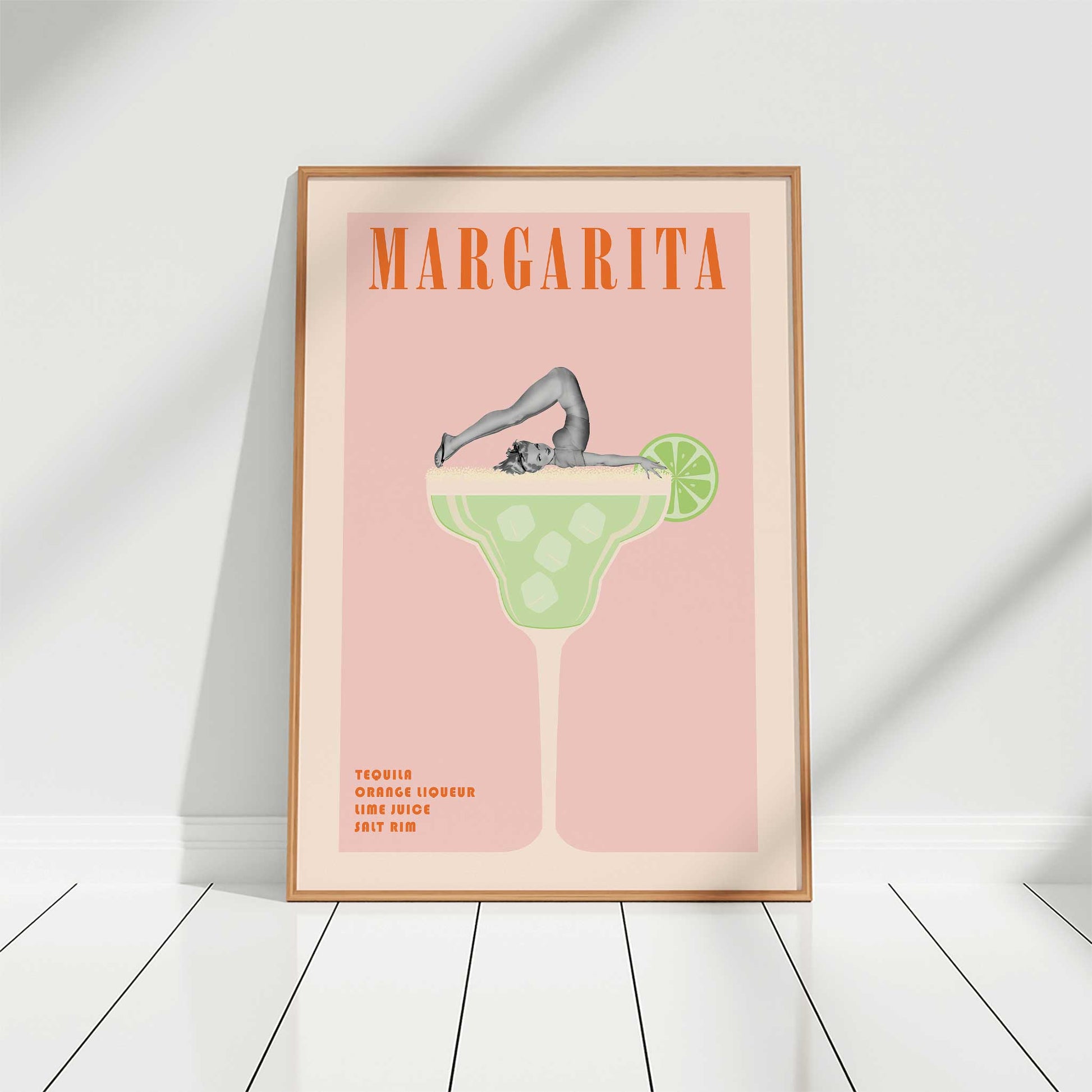 cocktail print margarita retro pinup girl mockup wooden frame floor