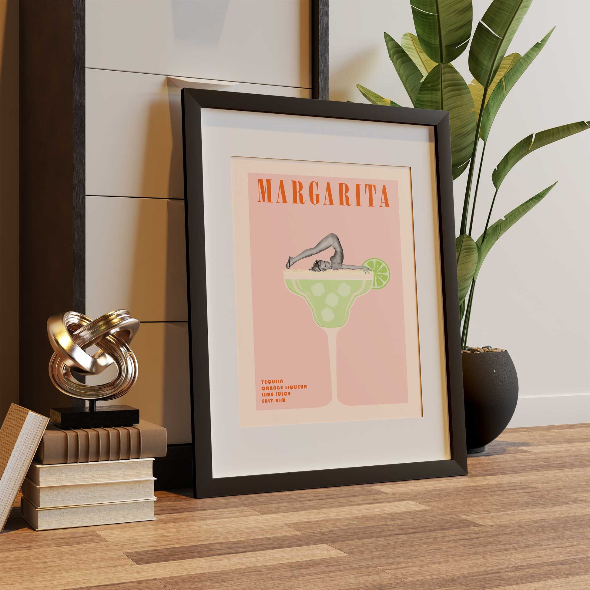 cocktail print margarita retro pinup girl mockup wooden frame trendy lounge