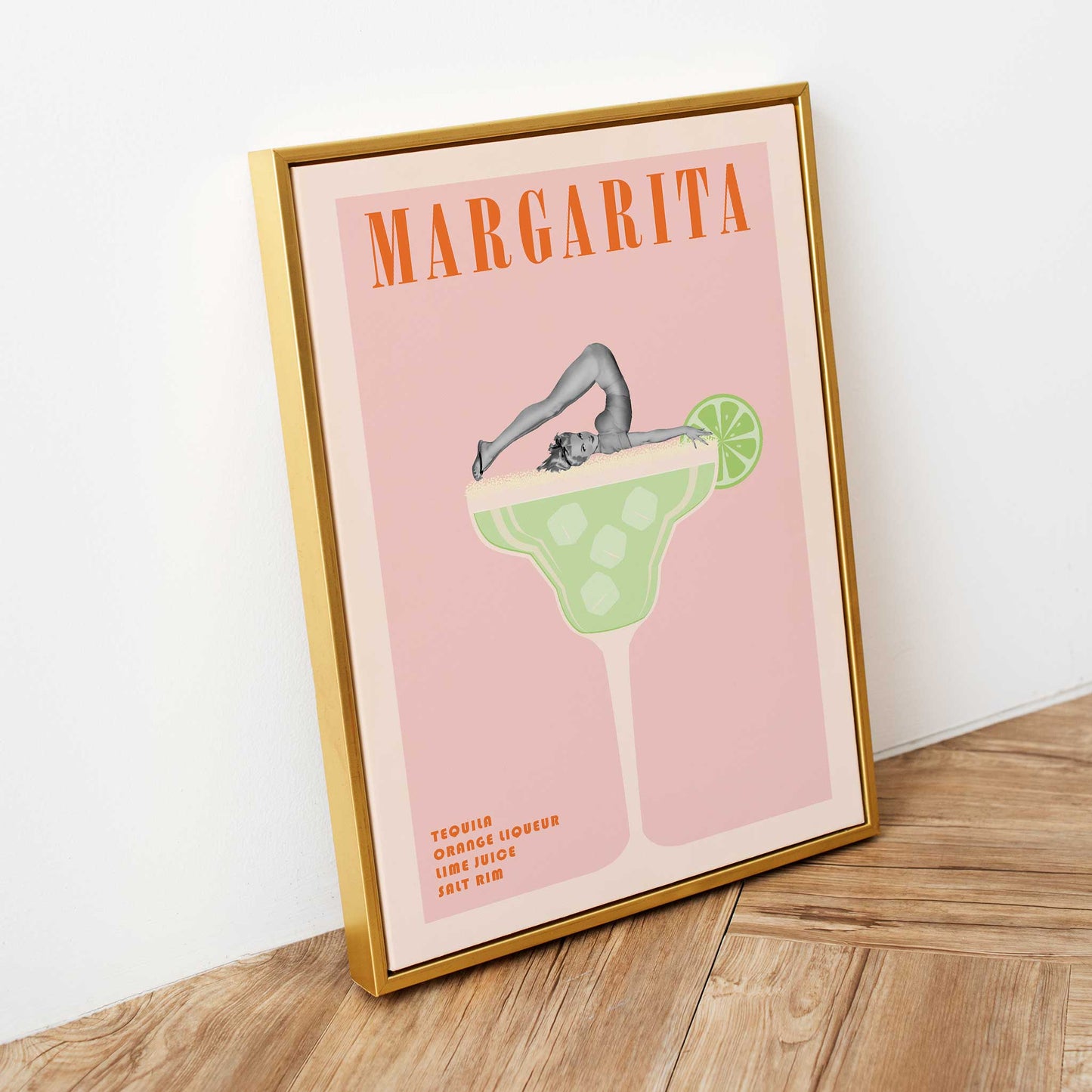 cocktail print margarita retro pinup girl mockup gold frame floor