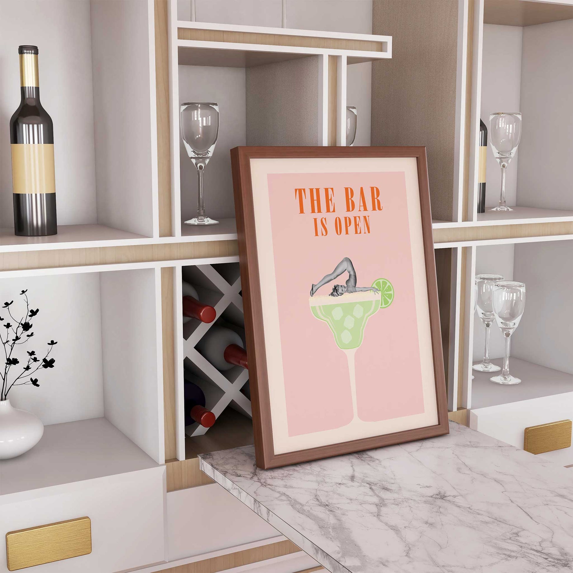 cocktail print the bar is open margarita pinup girl mockup wooden frame lounge bar area