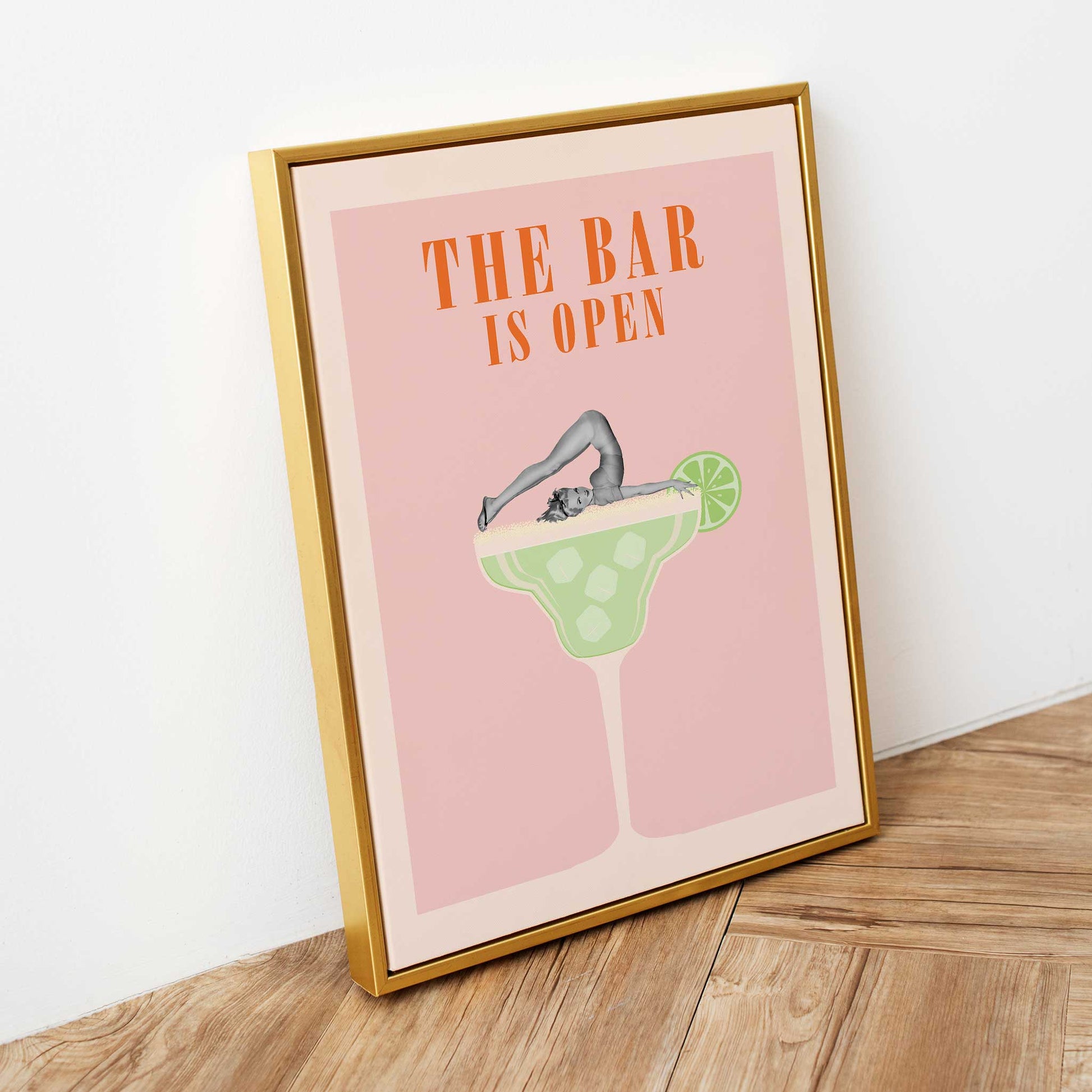 cocktail print the bar is open margarita pinup girl mockup gold frame lounge