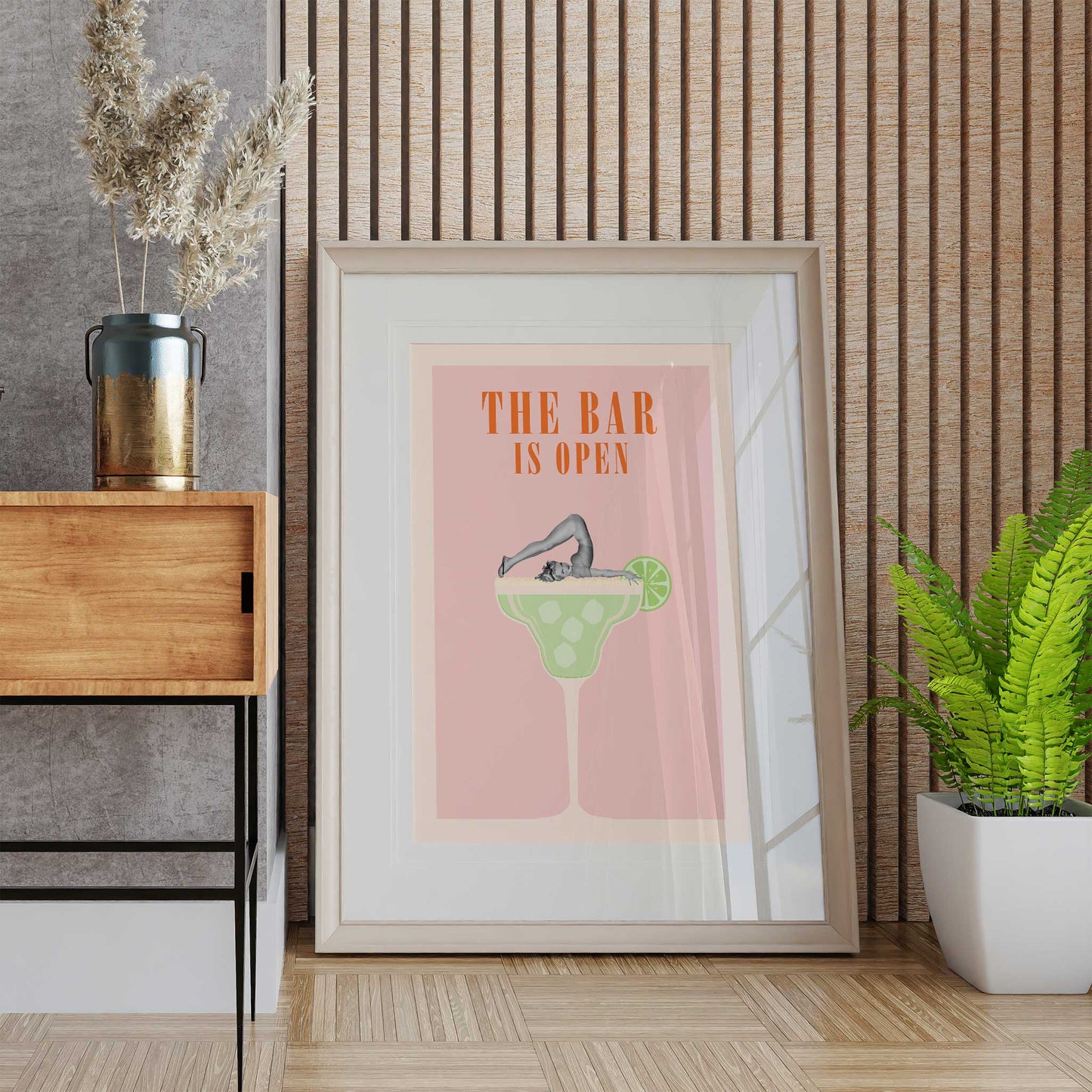 cocktail print the bar is open margarita pinup girl mockup light wooden frame trendy living room