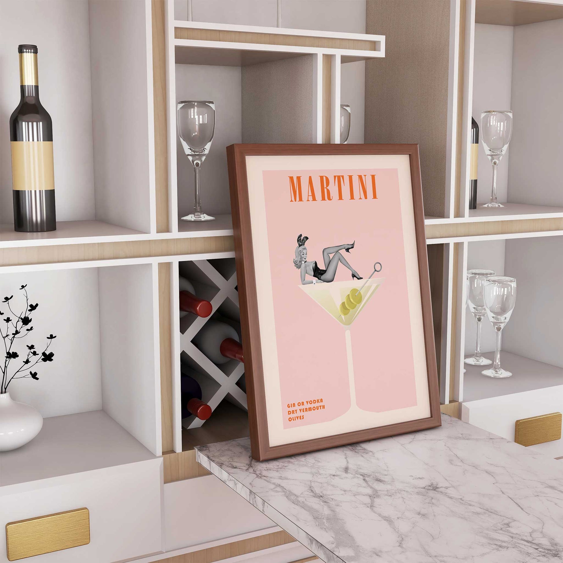 cocktail print martini retro pinup girl mockup wooden frame bar cart 