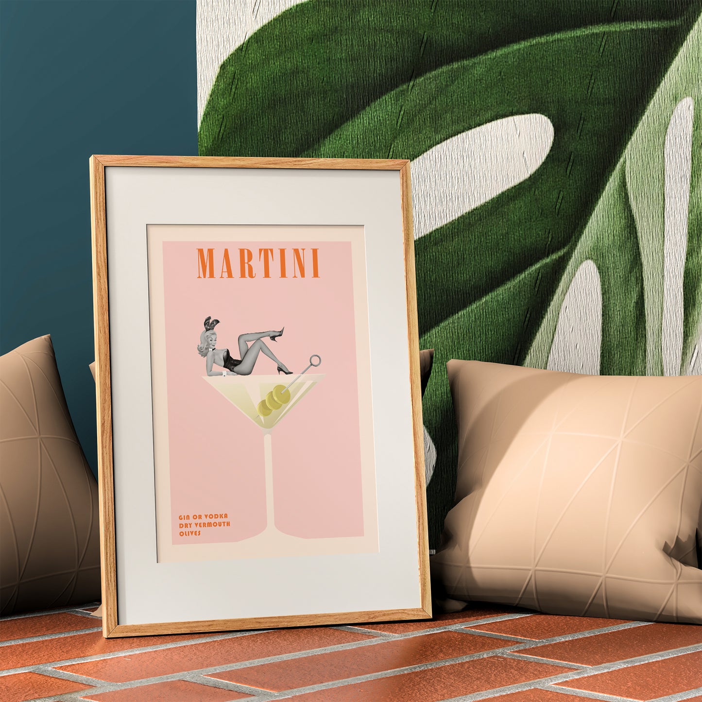 cocktail print martini retro pinup girl mockup light wooden frame funky lounge