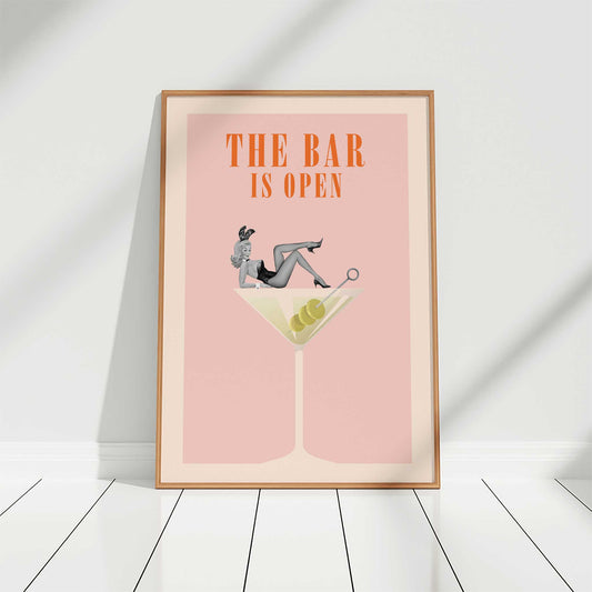 cocktail print martini pinup girl mockup wooden frame floor