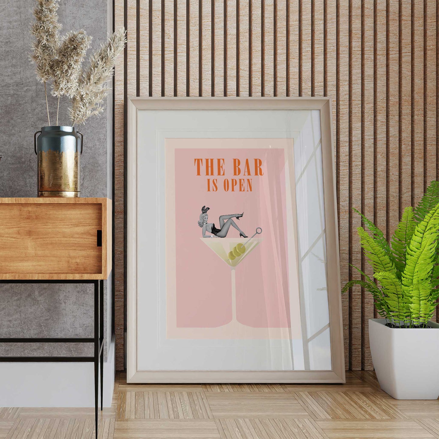 cocktail print martini pinup girl mockup light wooden frame floor