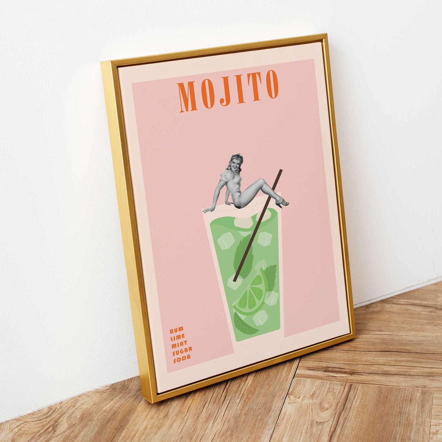 cocktail print mojito retro pinup girl mockup gold frame groovy lounge