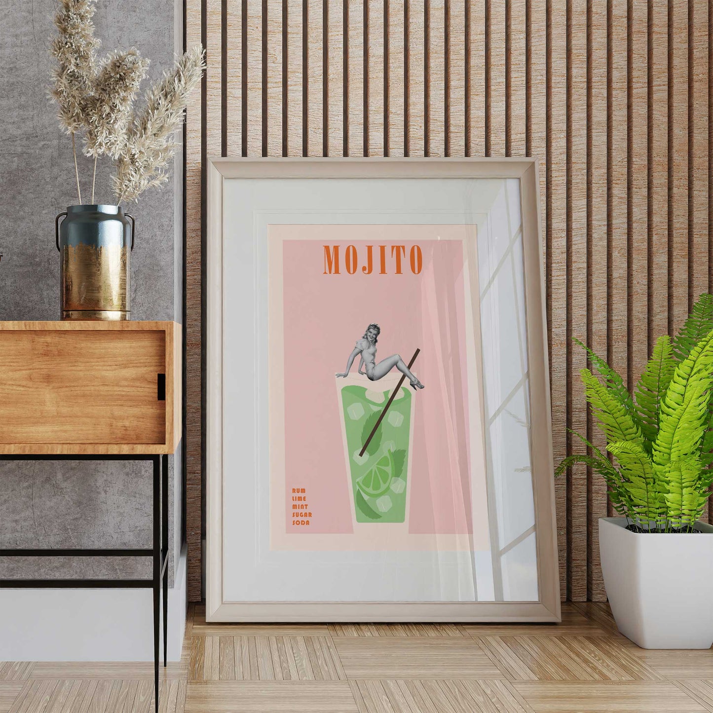 cocktail print mojito retro pinup girl mockup light wood frame trendy lounge