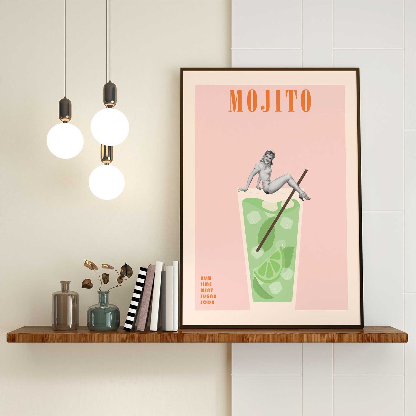 cocktail print mojito retro pinup girl mockup dark frame shelf lounge