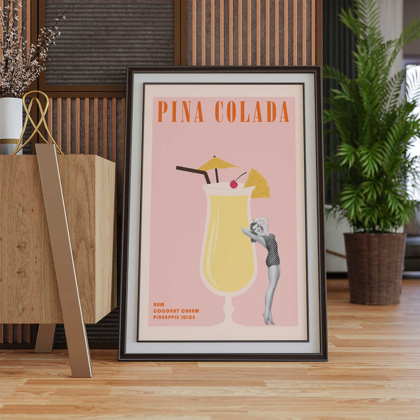 cocktail print pina colada retro pinup girl mockup dark frame trendy lounge