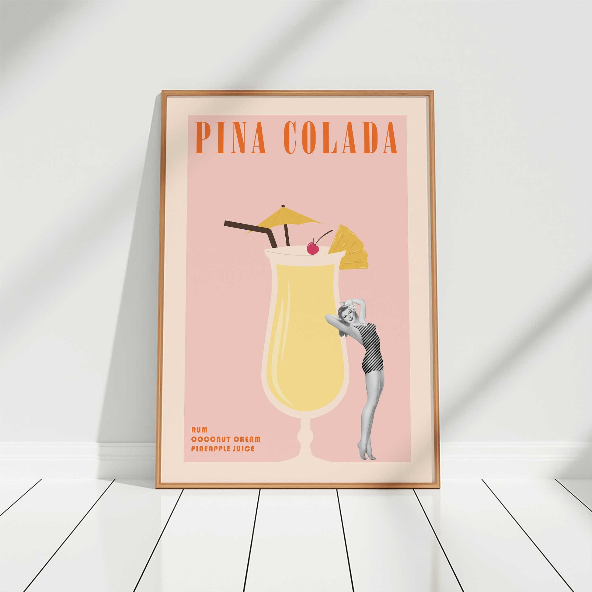 cocktail print pina colada retro pinup girl mockup light wood frame floor white background