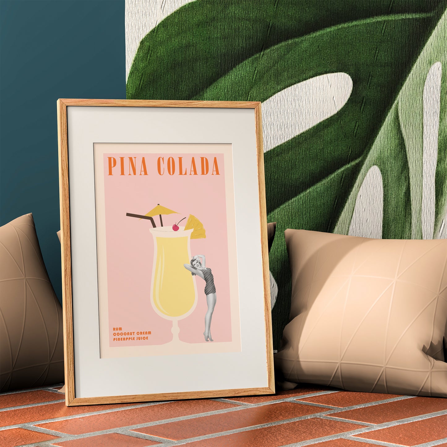 cocktail print pina colada retro pinup girl mockup light wood frame trendy lounge