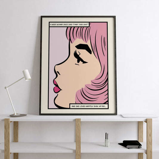 comic art print quote a wise woman once said mockup black frame shelf trendy apartment