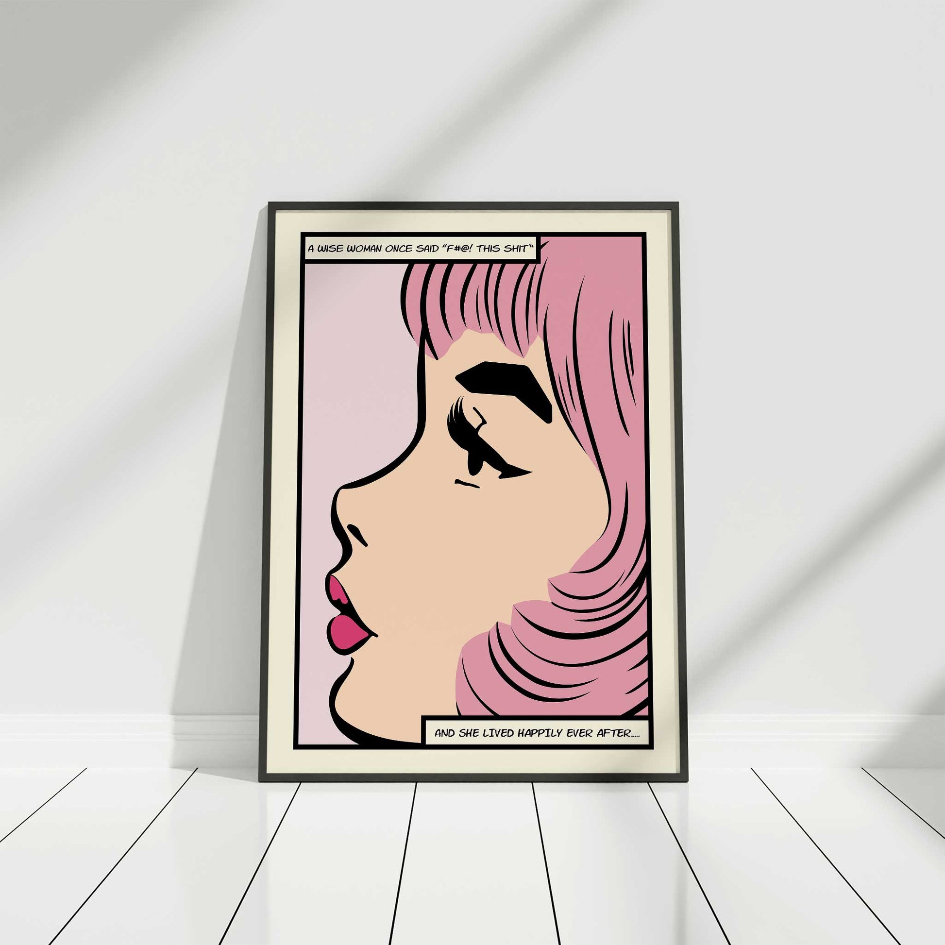 comic art print quote a wise woman once said mockup black frame floor white background