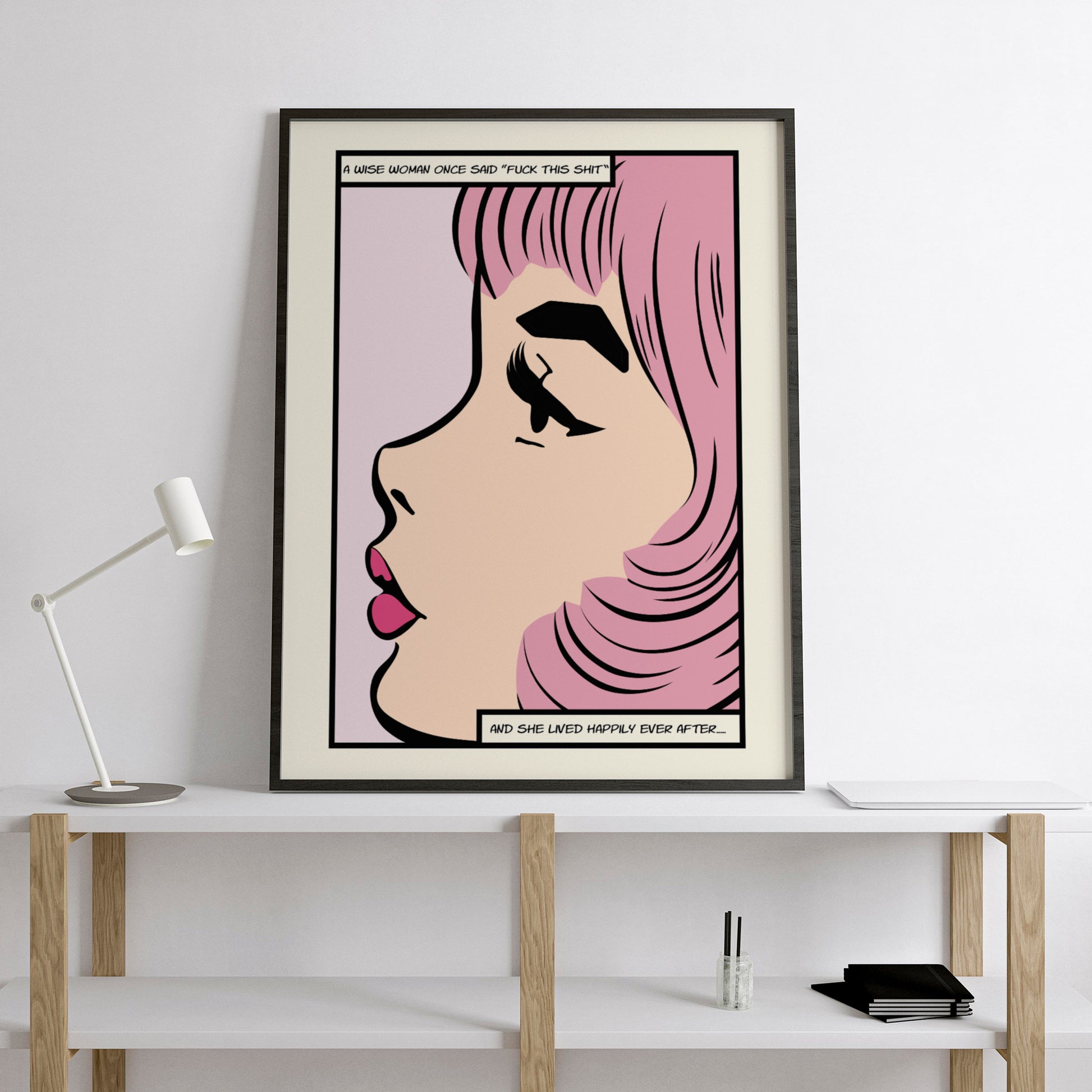 comic art print quote a wise woman once said mockup black frame shelving trendy apartment