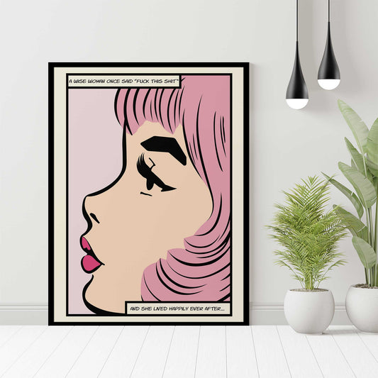 comic art print quote a wise woman once said mockup black frame floor trendy apartment