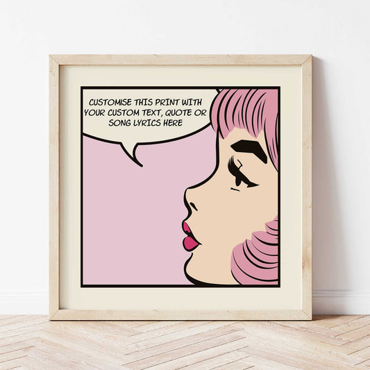 pop art comic girl personalised print pink