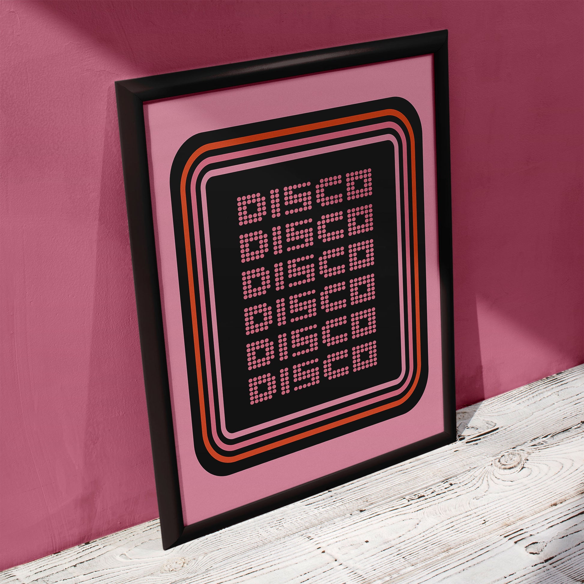 disco print pink disco disco repeat retro font mockup black frame pink wall