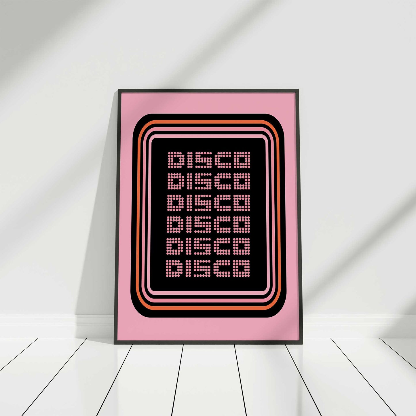 disco print pink disco disco repeat retro font mockup black frame floor white background