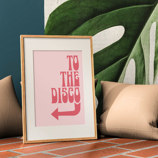 disco print quote to the disco retro font with arrow mockup wooden frame trendy living room