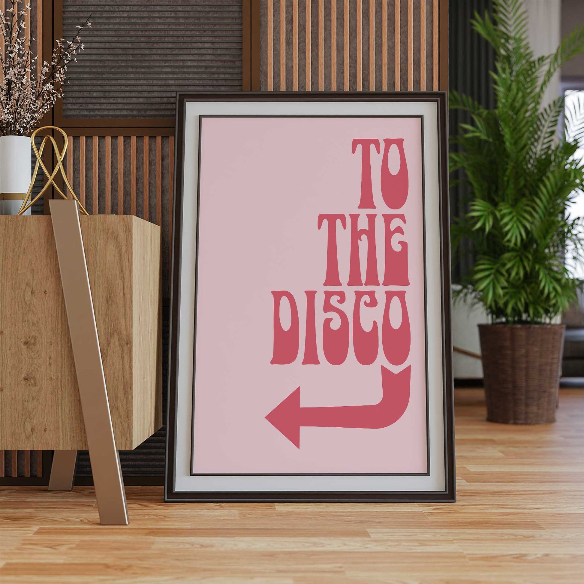 disco print quote to the disco retro font with arrow mockup dark frame trendy living room