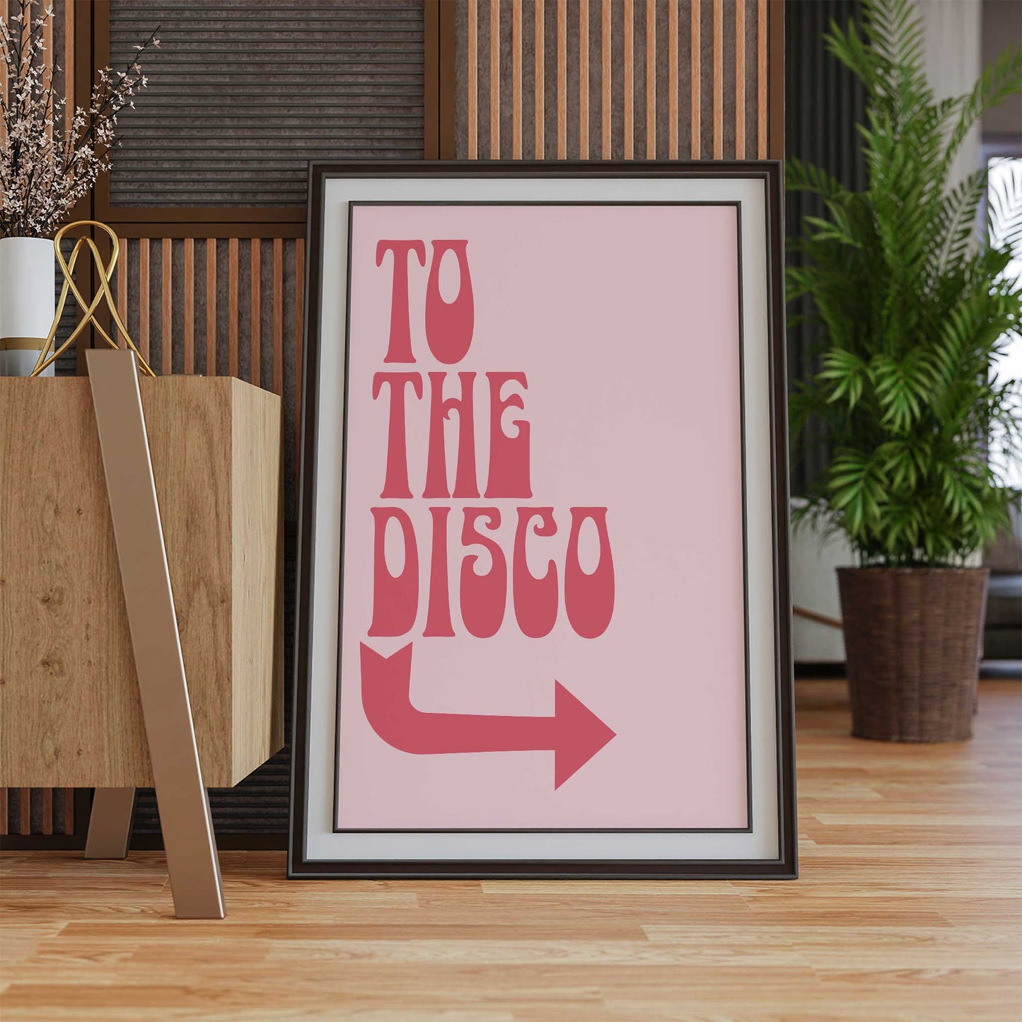 disco print quote to the disco retro font with arrow mockup dark frame trendy living room