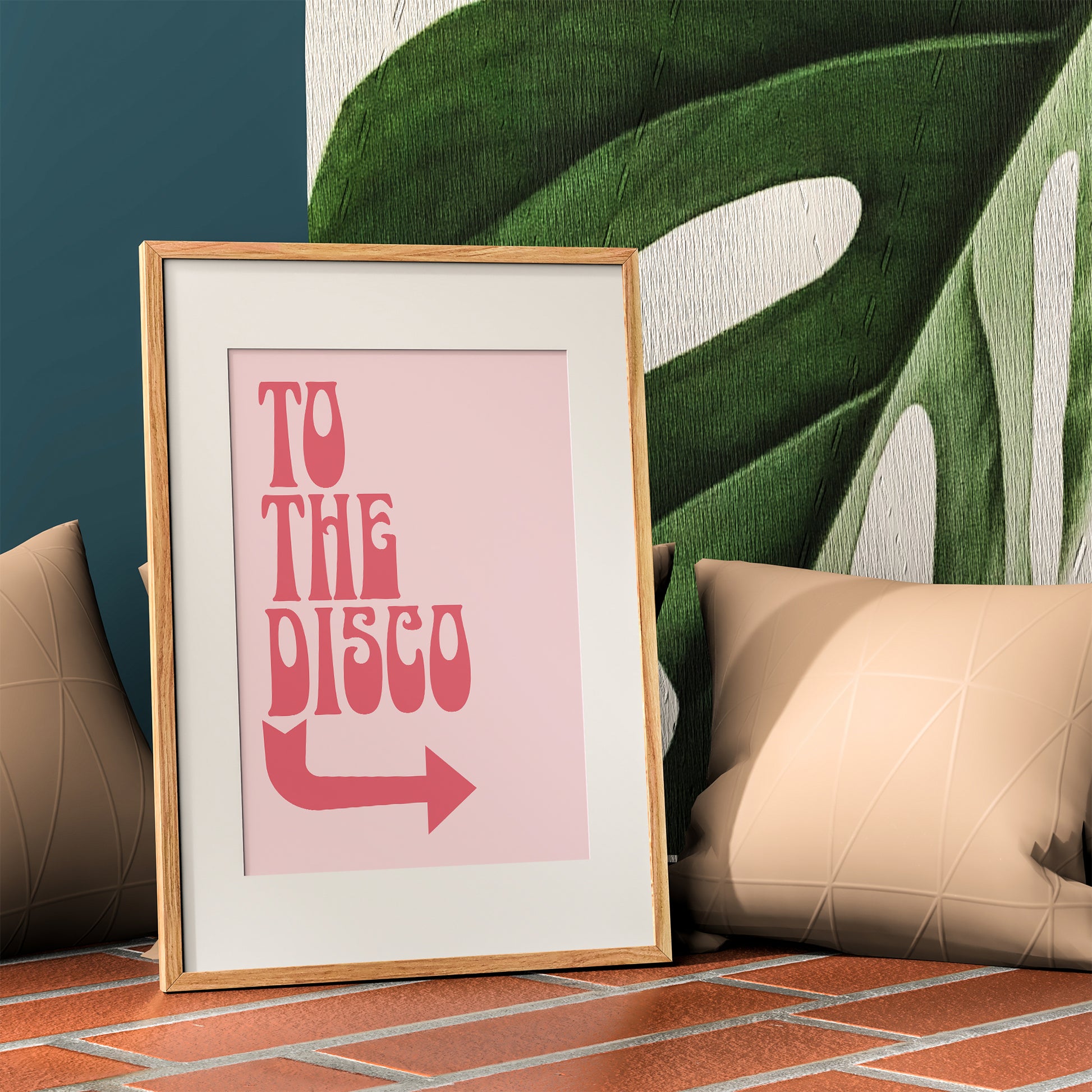 disco print quote to the disco retro font with arrow mockup wooden frame trendy living room