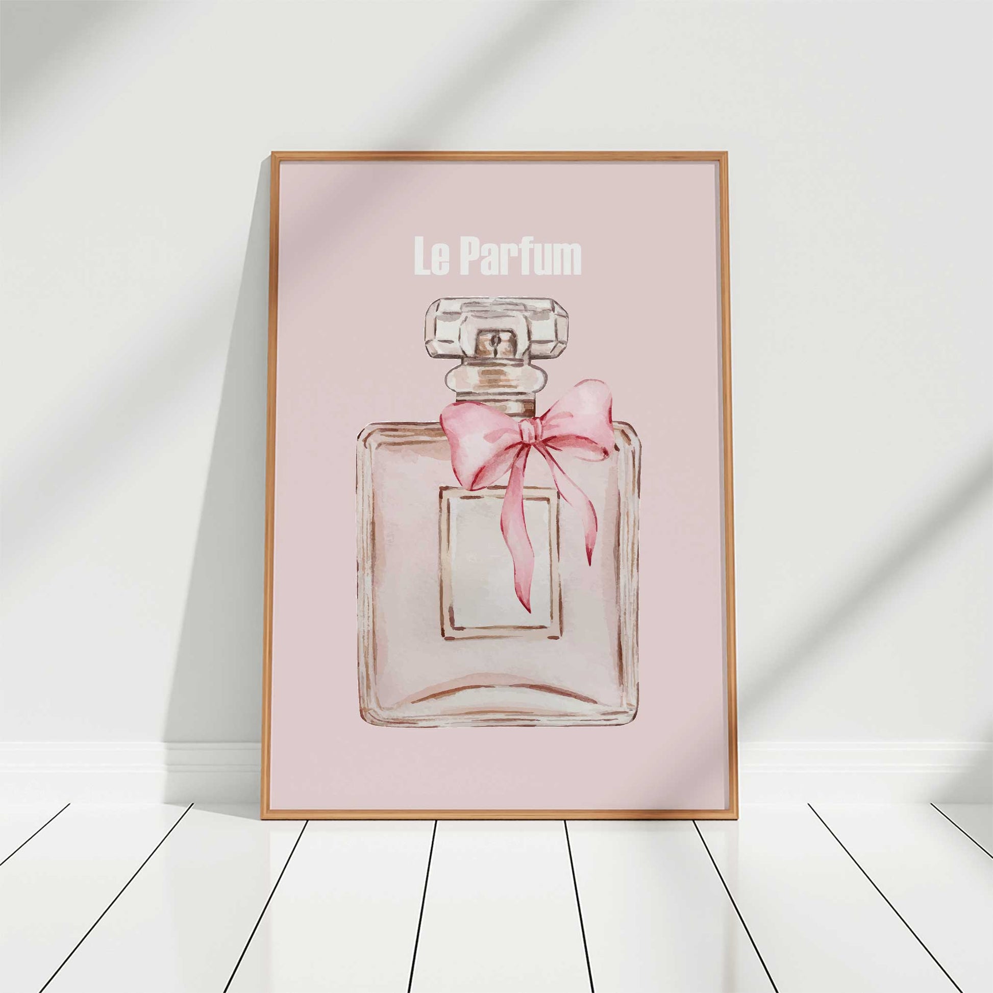 french perfume print in light pink frame mockup lounge room