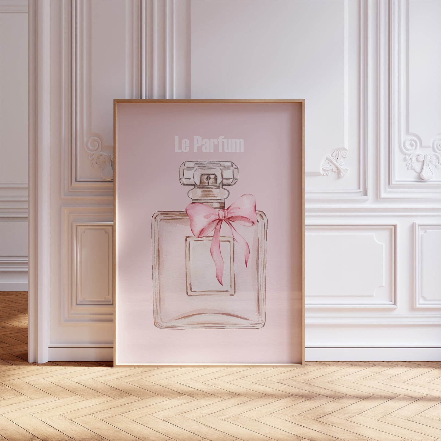 french perfume print in light pink frame mockup panel room