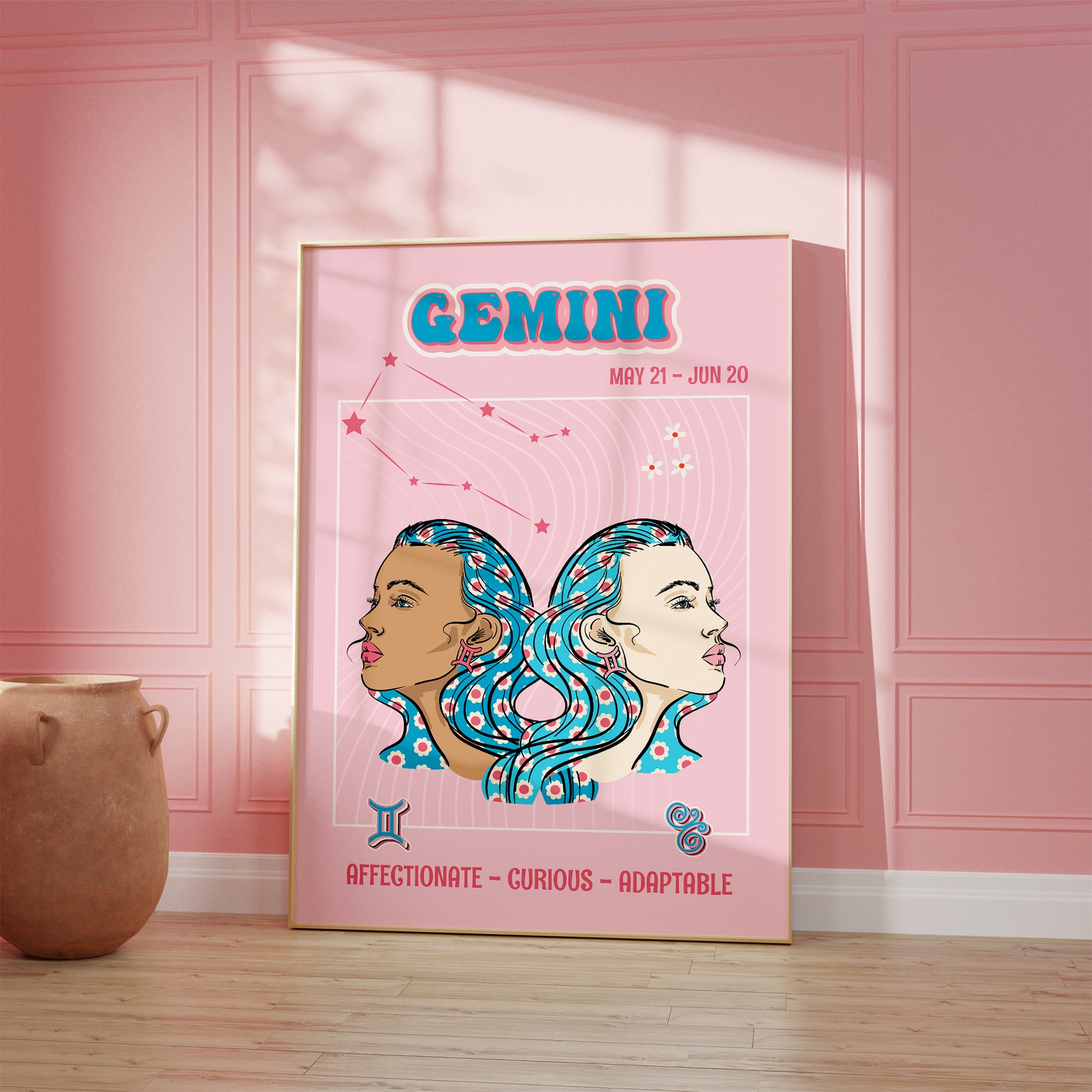 gemini zodiac print retro style framed mockup trendy living room