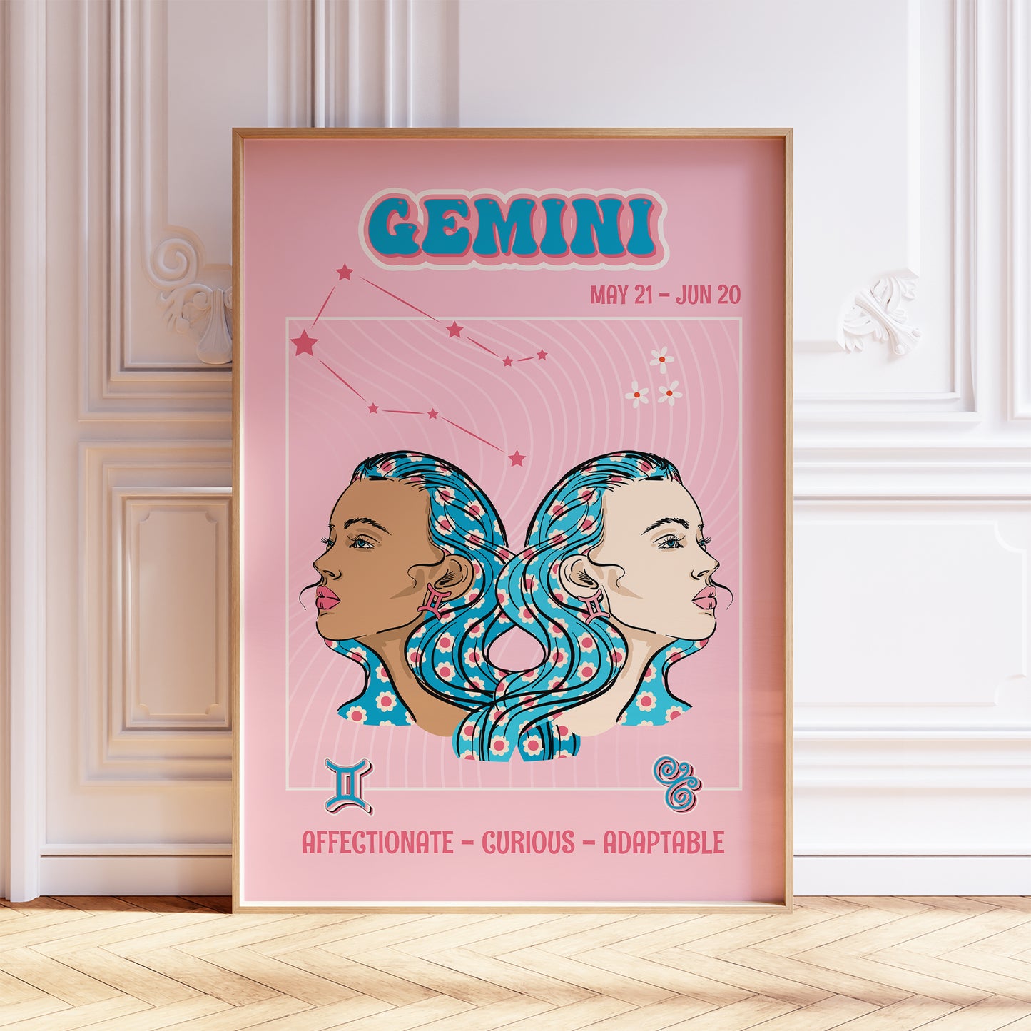 gemini zodiac print retro style framed mockup trendy living room