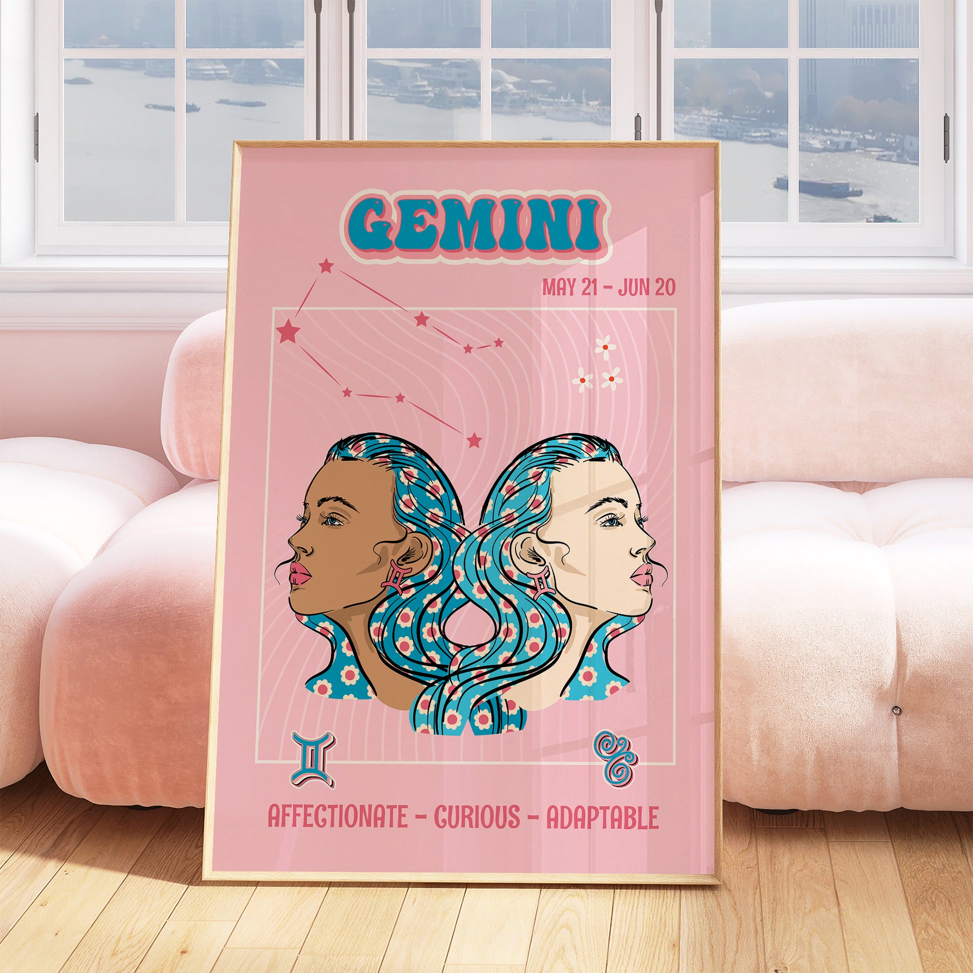 gemini zodiac print retro style framed mockup trendy living room