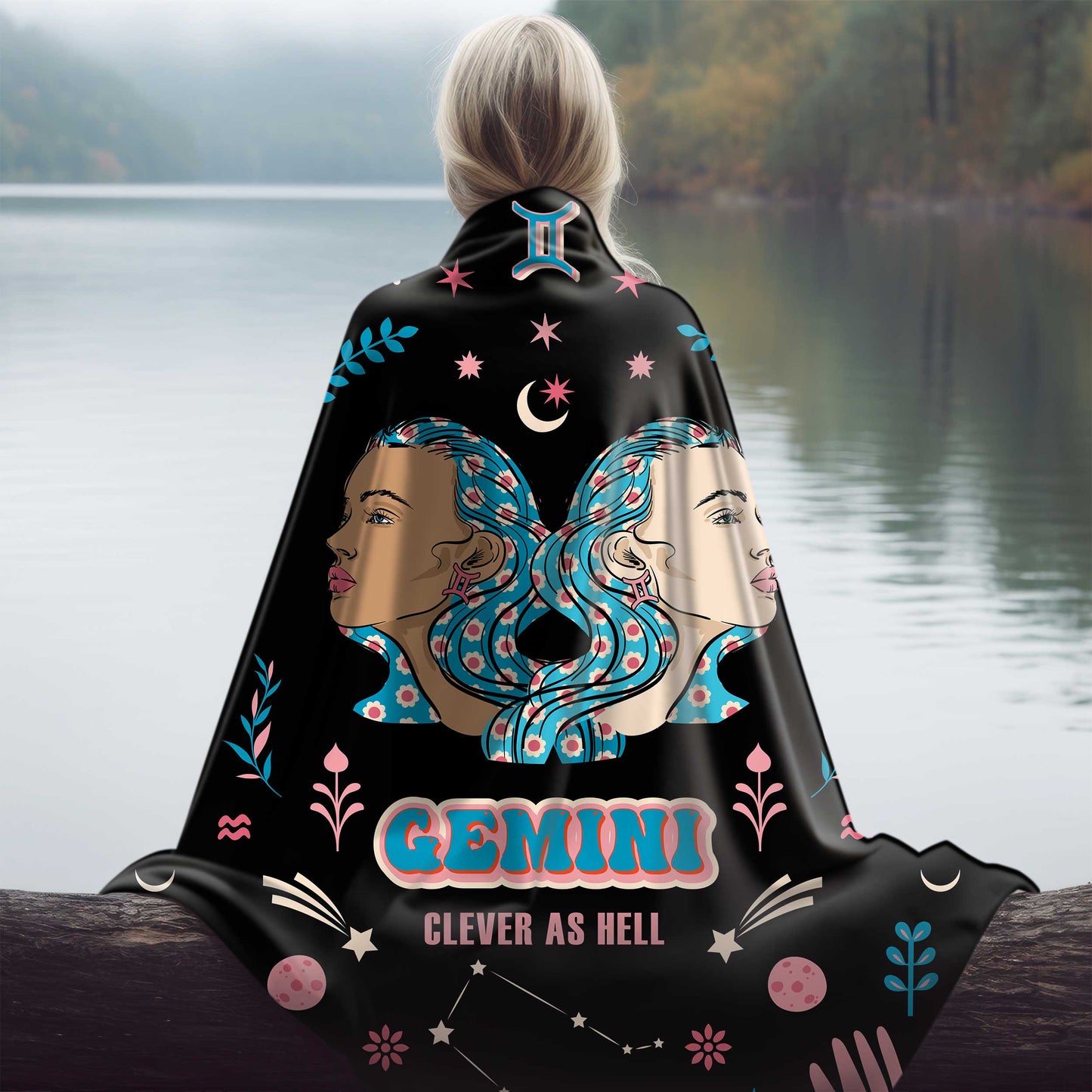 Gemini zodiac sherpa blanket draped girl by river