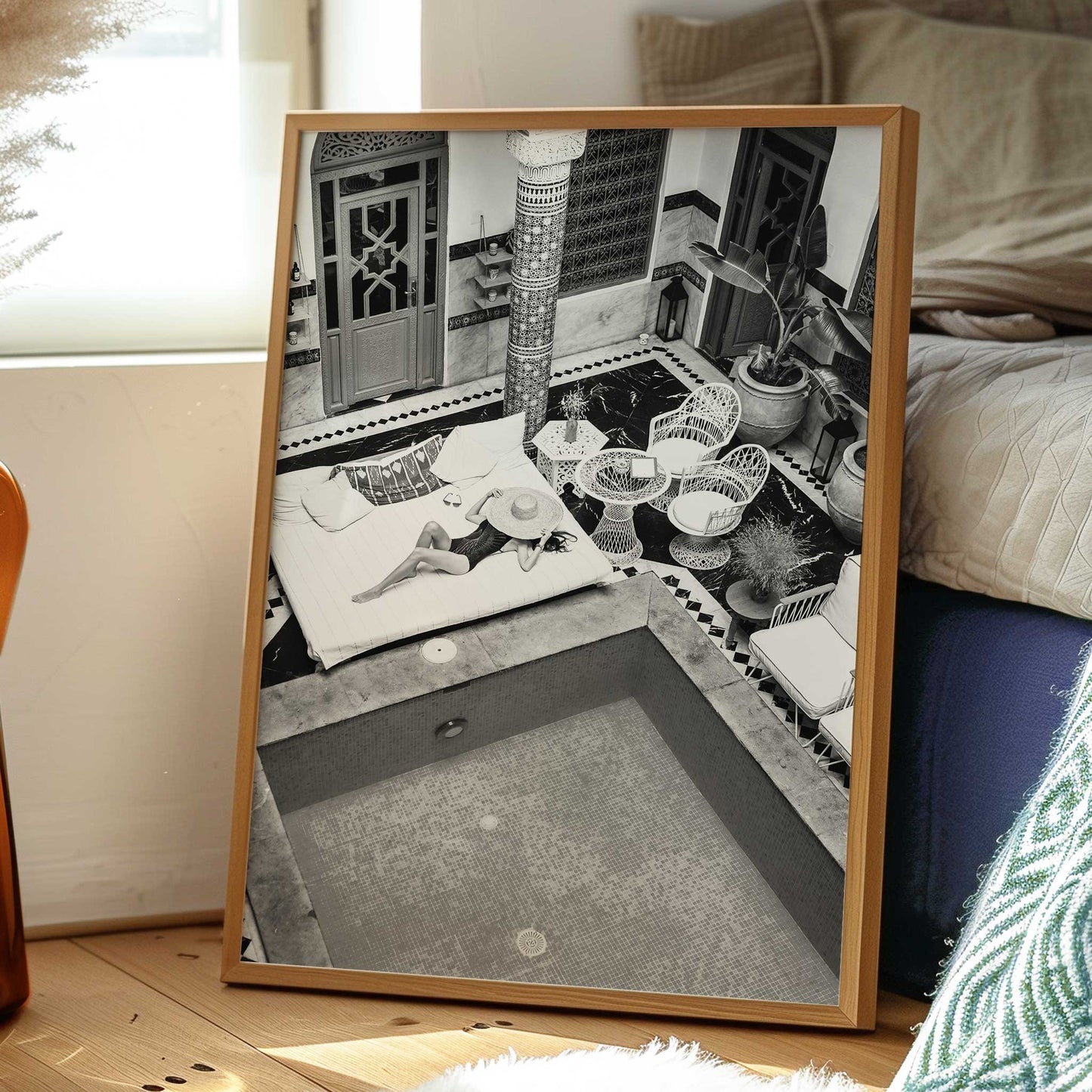 girl relaxing by pool framed mockup lounge